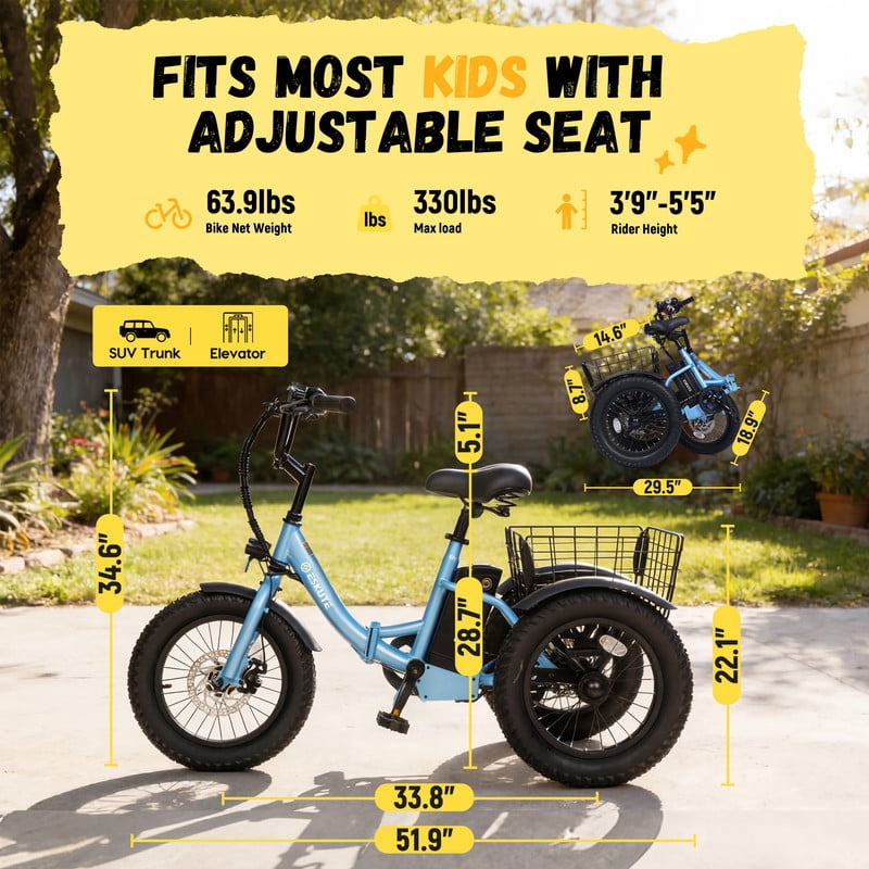 ESKUTE T300mini Electric Tricycle for Beginners, 16" x 3.0 Fat Tire Folding 3-Wheel E-Bike, 500W Peak Motor, 302Wh Battery, Step-Thru, 12.5 MPH, Blue, UL2849