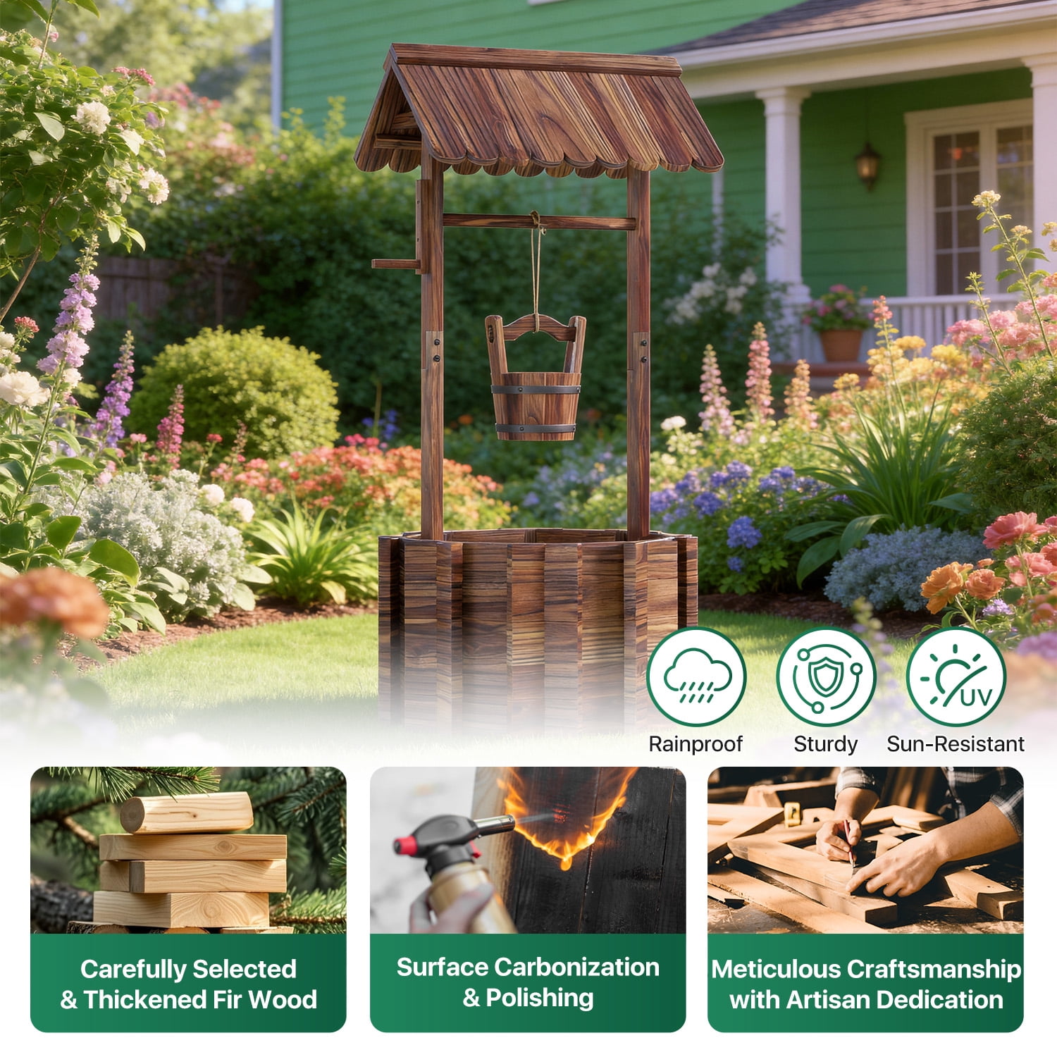 Cloddwell 25" Wooden Wishing Well Planter with Hanging Bucket, Drain Holes, Outdoor Garden Yard Decor Home