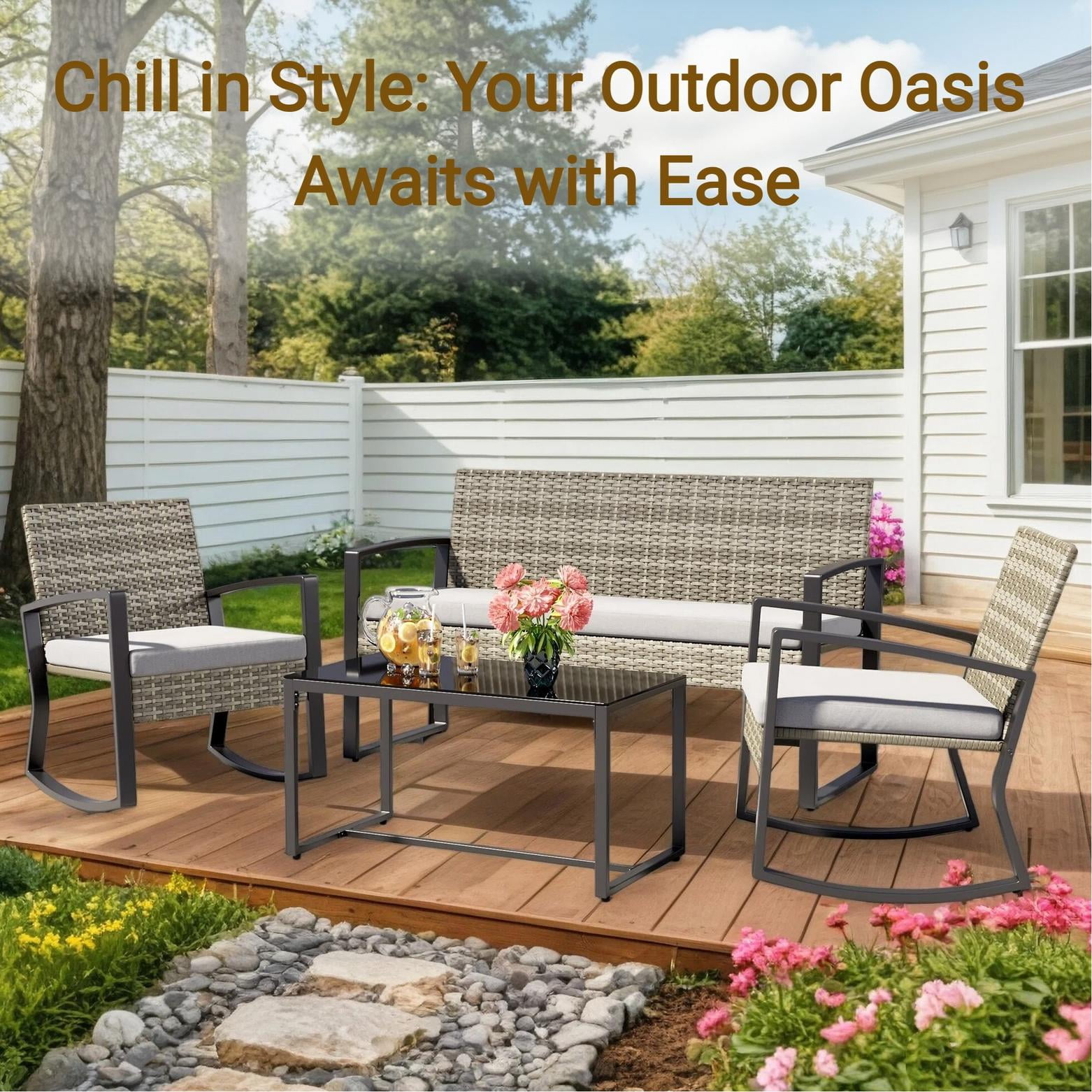 Patio Furniture Set, Lofka 4 Pieces Outdoor Conversation Set with Rattan Rocking Chairs & Loveseat, Removable Cushions for Garden Backyard, Gray
