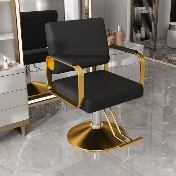 S-HOME Professional Hydraulic Salon Chair in Black and Gold 360° Swivel with Pump Non-Tilting for Hair Salons