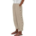thumbnail image 2 of Women Striped Print Side Button Casual Pants, Elastic Waist Loose Straight Pocket Comfort Long Trousers 04-Khaki S, 2 of 5