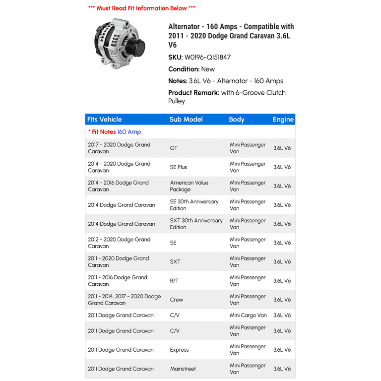 Alternator 11570n For Chrysler 200 2011-2014 Town and Country 2011-2016