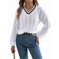 thumbnail image 2 of Women'S Casual V Neck Long Sleeve Sweater Trendy Striped Pullover Cable Knit Preppy Sweaters, 2 of 9