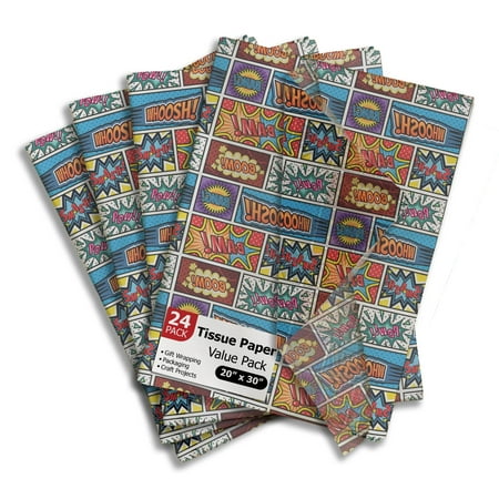 Pro Supply Global PresNok Superhero Comic Book Printed Tissue Paper for Boy's Gift Bags or Boxes and Wrapping - Bulk Decorative Art Tissue Paper for Packaging and Gifting | 24 Sheets 20" x 30"