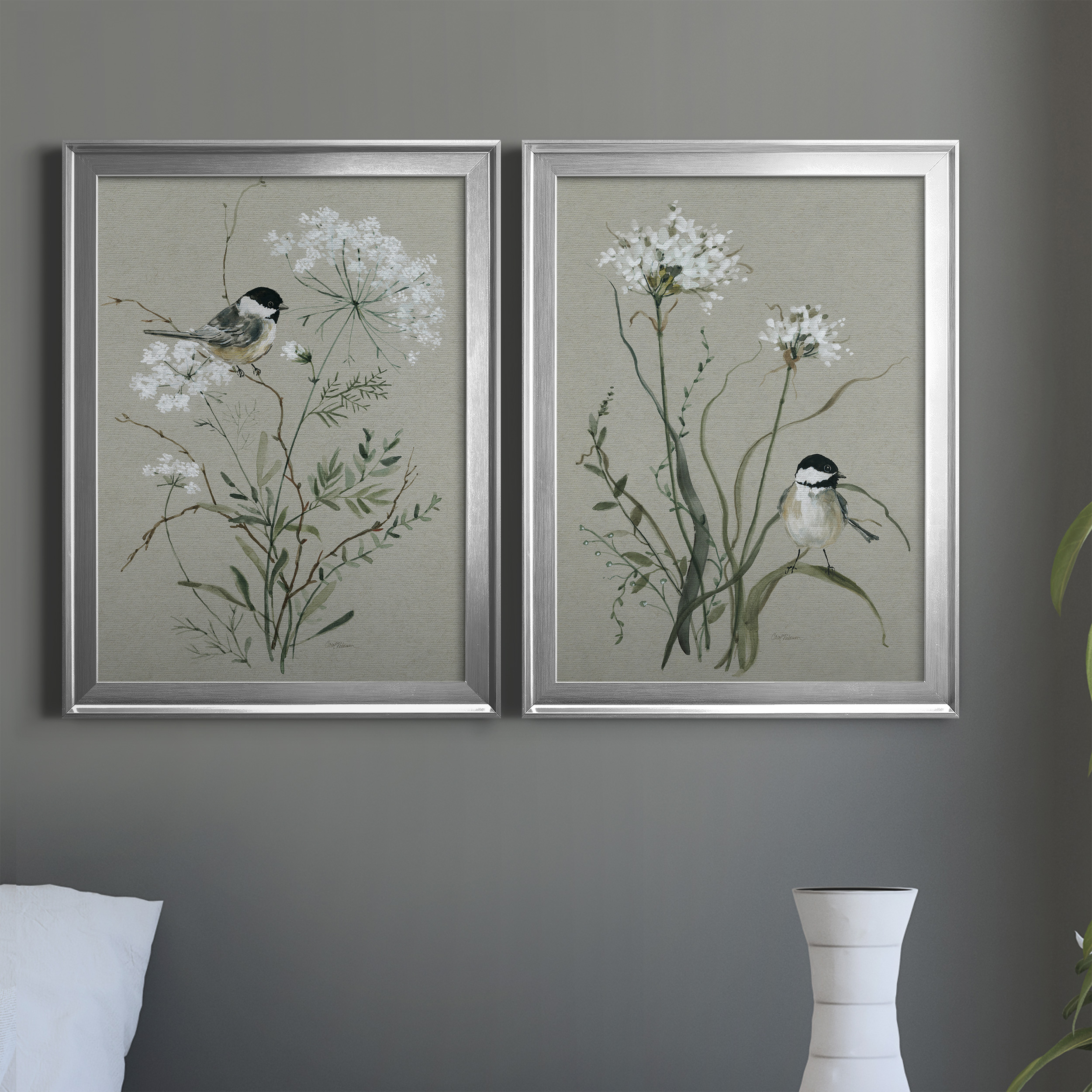 2 Piece Set Bouquet of Grace Bird I Premium Framed Canvas - Ready to Hang - 22.5 x 30.5 Each - Silver Frame