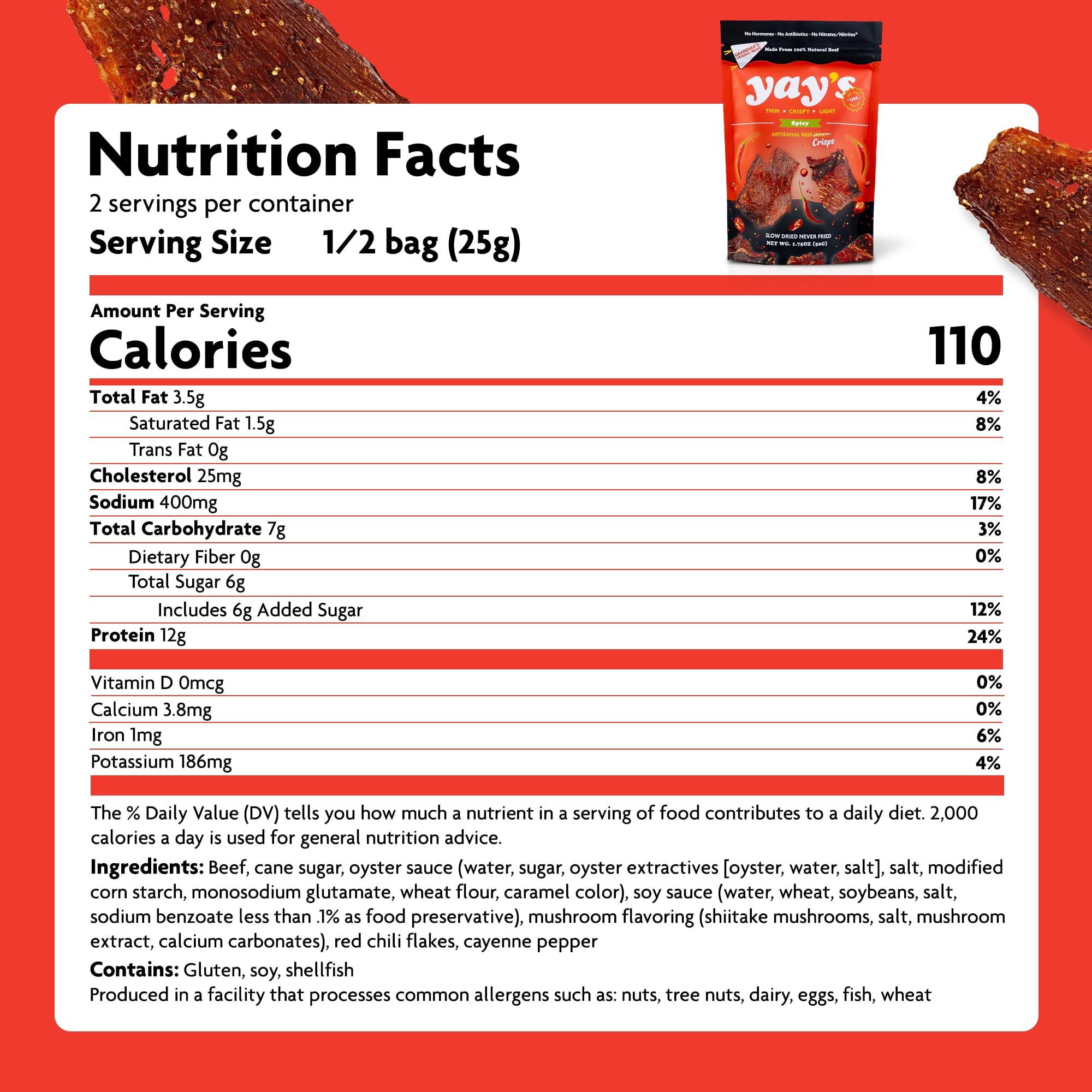 Yay's Snacks Sweet and Spicy Beef Crisps | High-Protein Ready-to-Eat Crispy Crunchy Chipped beef | Spicy Beef Jerky with 24g Protein per Bag, Non-GMO Healthy Meat Snack, Made in USA pack of 6(1.75 oz