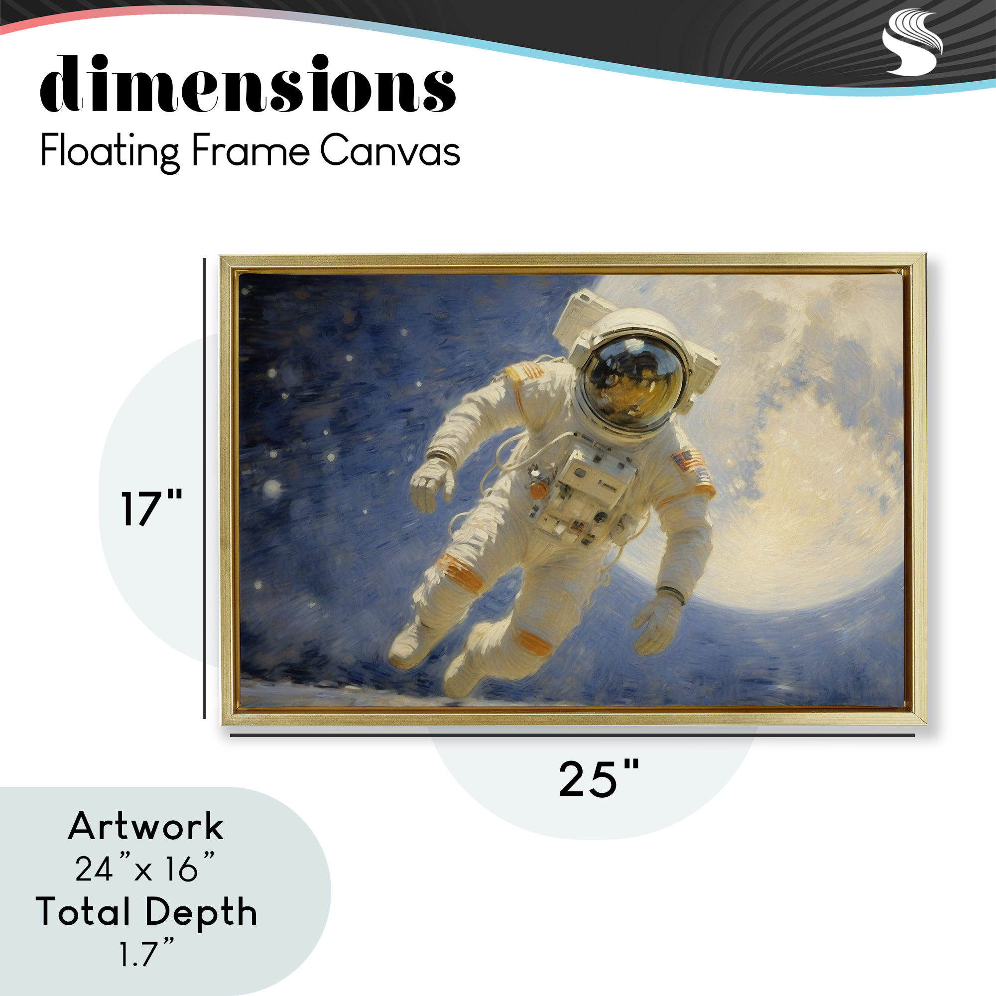 Astronaut in Vast Galaxy Gold Framed Floater Canvas Wall Art, design by Angie Hawke