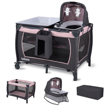 INFANS 4 in 1 Pack and Play, Portable for Baby Kid Infant, Travel Playard with Bassinet, Mattress, Diaper Changer, Bag, Music Box, Storage Basket