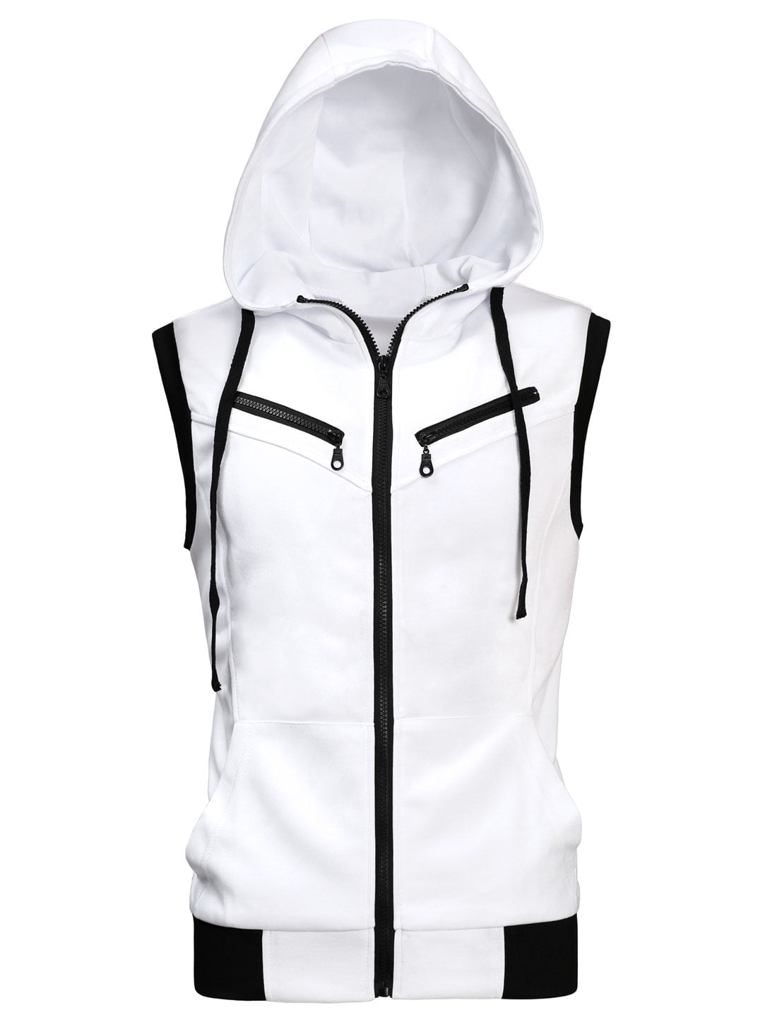 【SCENERITY】String hooded vest Unique Bargains men's Sleeveless Zip Up Hooded Vest - White