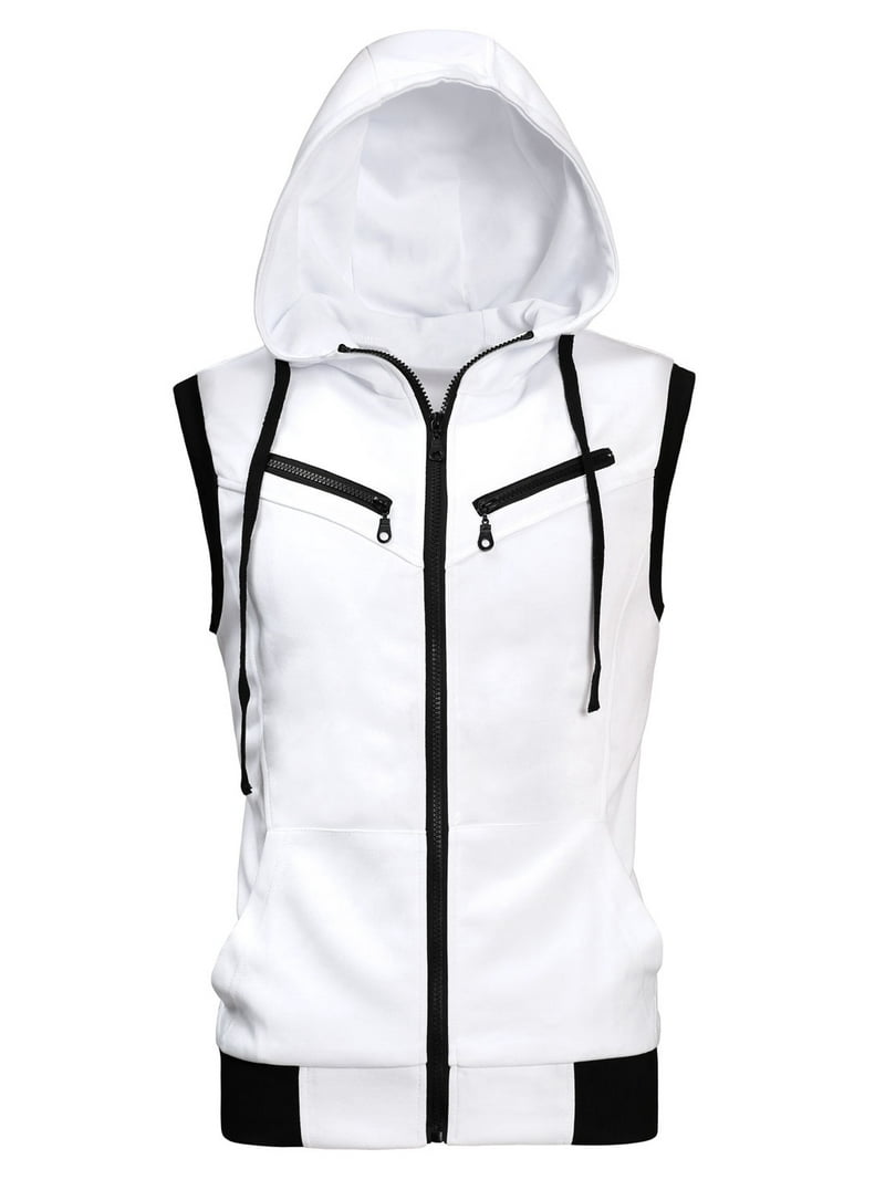Unique Bargains men's Sleeveless Zip Up Hooded Vest - White