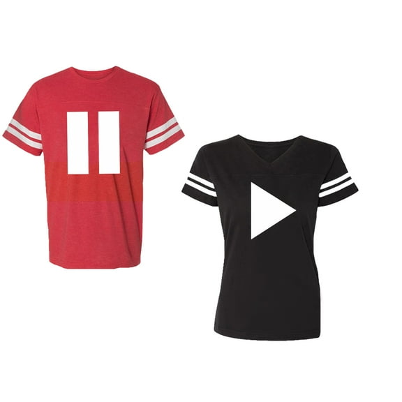 Play Pause Unisex Couple Matching Cotton Jersey style T-Shirt Contrasting stripes on sleeves (Men Red / Women Black) (Men S / Women S)