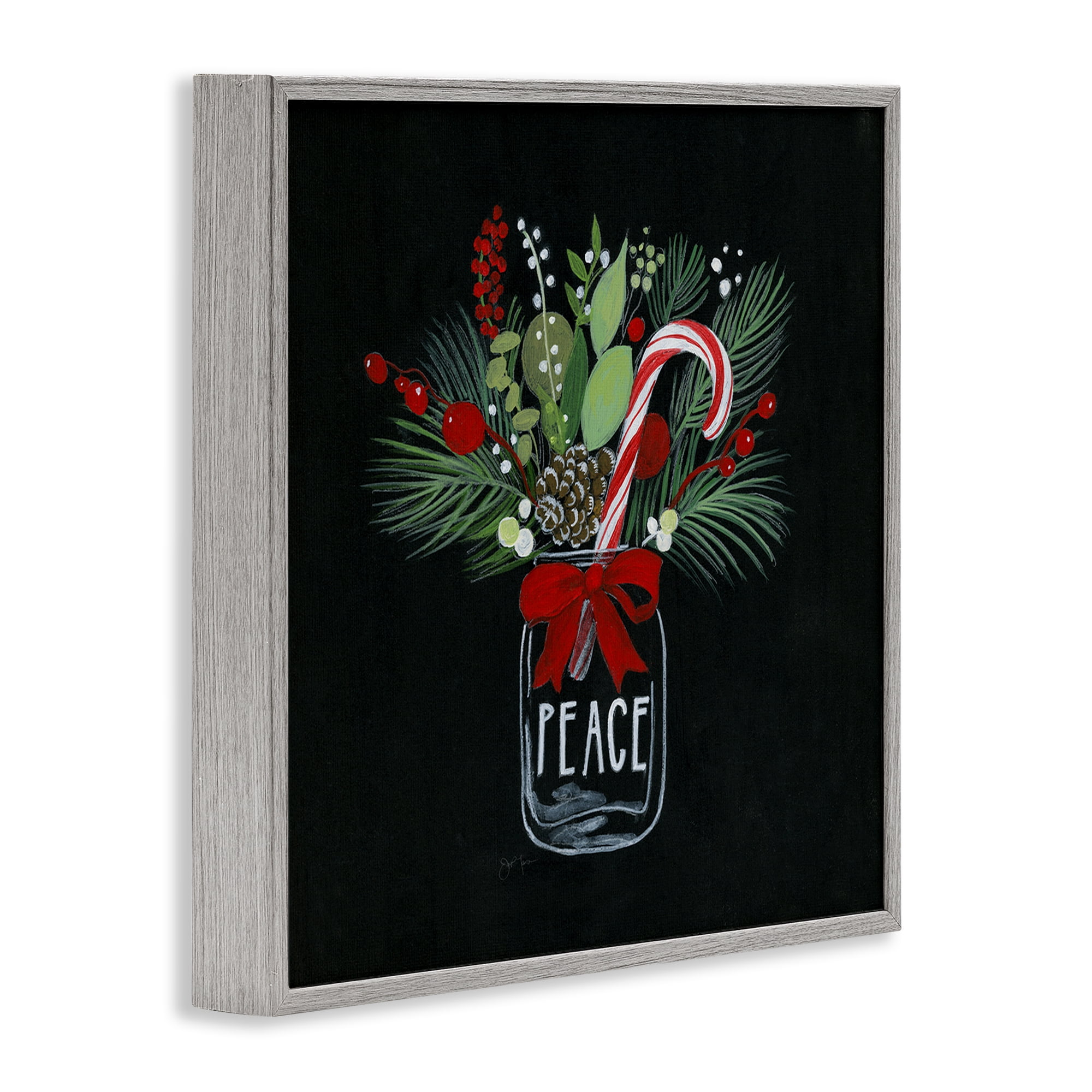Stupell Industries Peace Candy Cane Jar Holiday Painting Gray Framed Art Prints Wall Art, 17 x 17