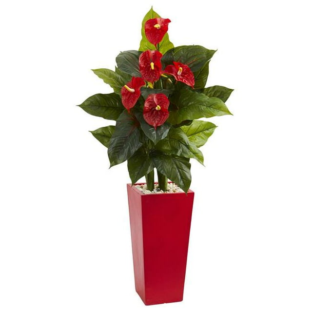 Plante Artificielle d'Anthurium de 53 Po dans un Vase de Tour Rouge - Touche Réelle