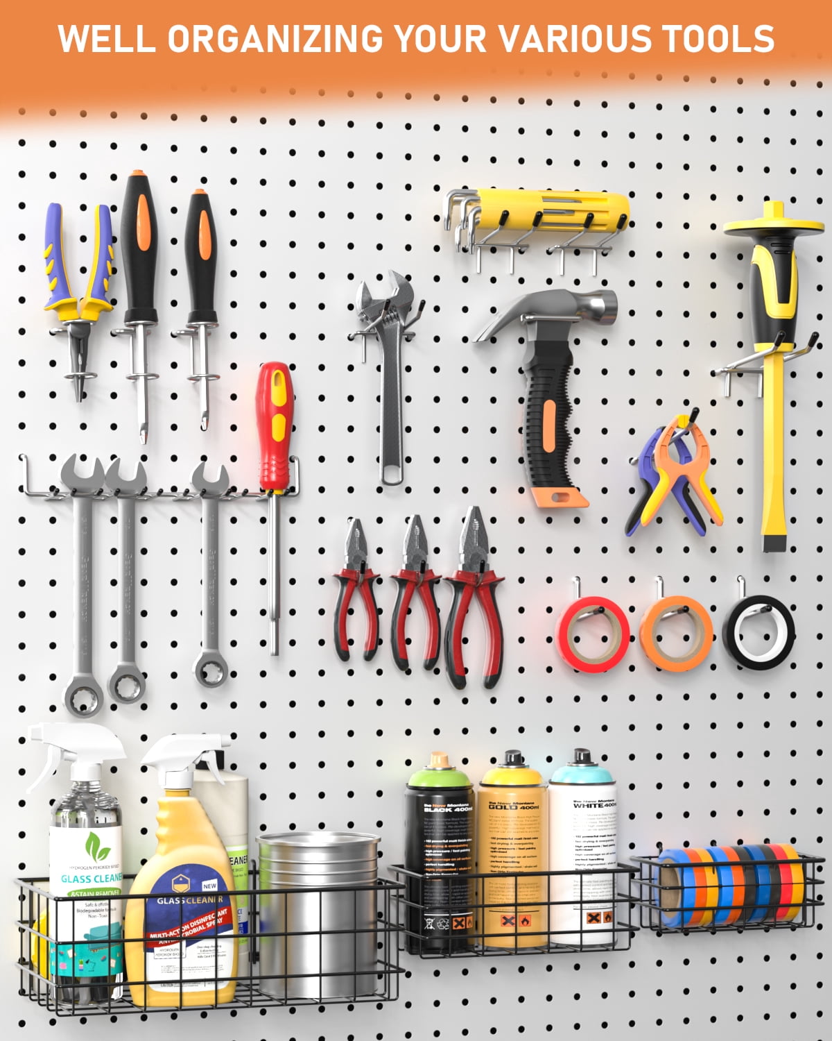 INCLY 1/4“ Extra Thick Pegboard Accessories Kit, 100PCS Heavy Duty Metal Peg Board Hook Assortment with 3 Sizes Pegboard Basket S/M/L Fit 1/4 Inch Pegboard for Garage Wall Organizer Hanging Tools