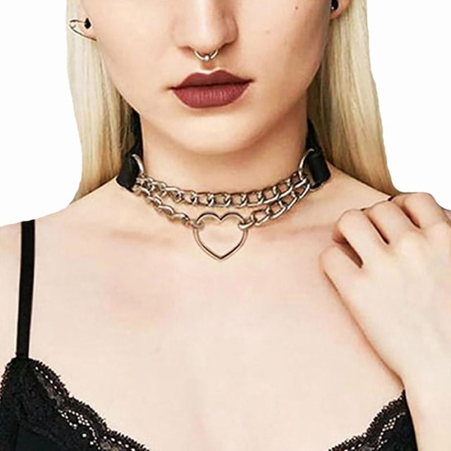 Collar De Gargantilla De Cadena De Corazón Gótico, Collar De Cadena De Corazón De Cuero Pu, Regalo De Joyería Para Punk Y Hip Hop Scienceny AP005982-00