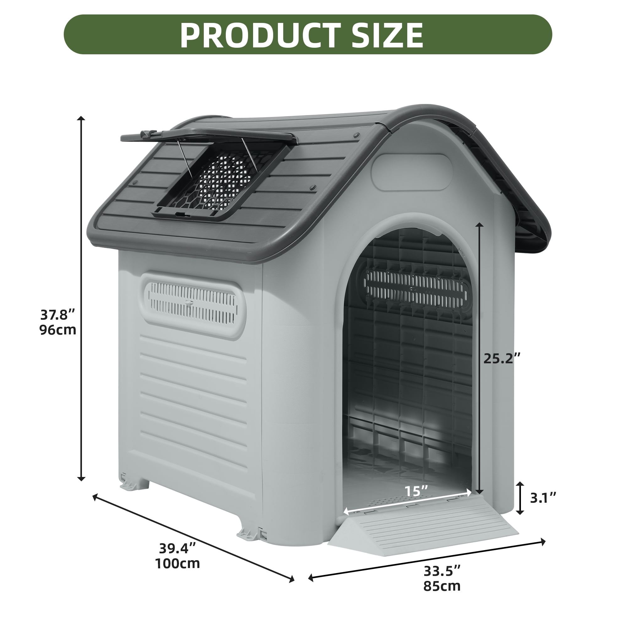 Uforic Extra-Large Waterproof Plastic Dog House with Adjustable Skylight and Elevated Floor, Outdoor Indoor Doghouse Puppy Shelter,Gray,39.4''Lx 33.5''Wx 37.8''H
