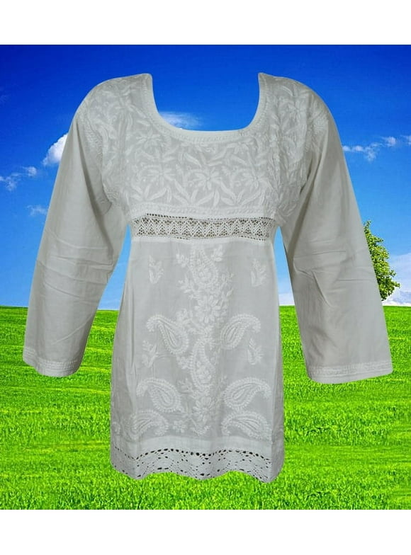 Womens White Cotton Tunic, Chikankari Embroidery Cotton Tunic, Handmade Blouse, Summer Tunic L