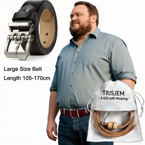 Men's Plus Large Size Full Grain Genuine Leather Pin Buckle Belt, Extra Long 33.49"-61.02" 1.38 Inch Wide Waist Belt, Black & Vintage Brown 2 Colors, Come with Free Dust Storage Drawstring Pouch