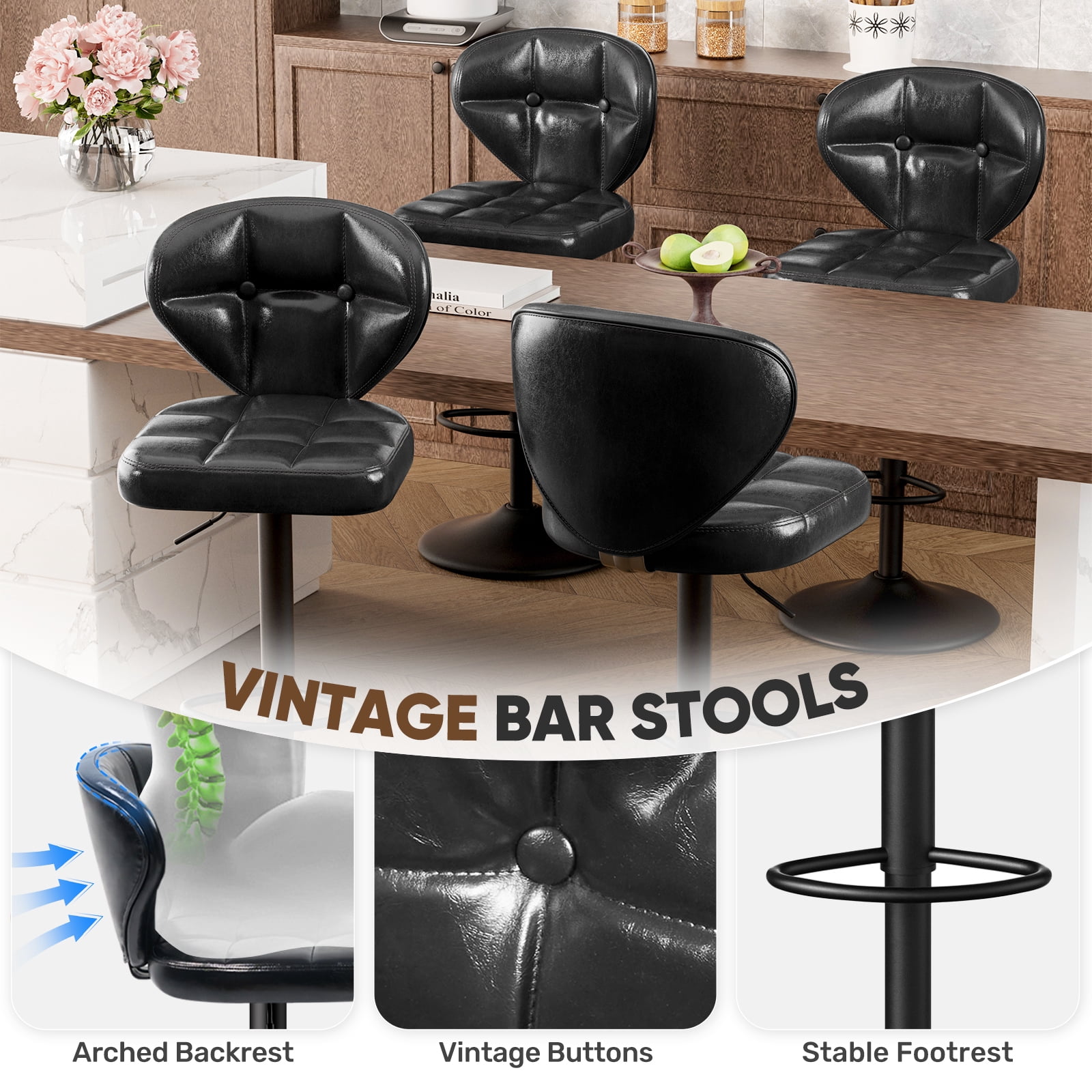 Hawsaiy Vintage Style Leather Bar Stool Set of 4 with Button-Tufted Design,Black