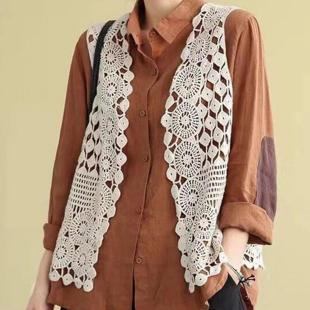 Mujer hippie boho crochet chaleco sin mangas geometrico encaje cardigan playa cubrir