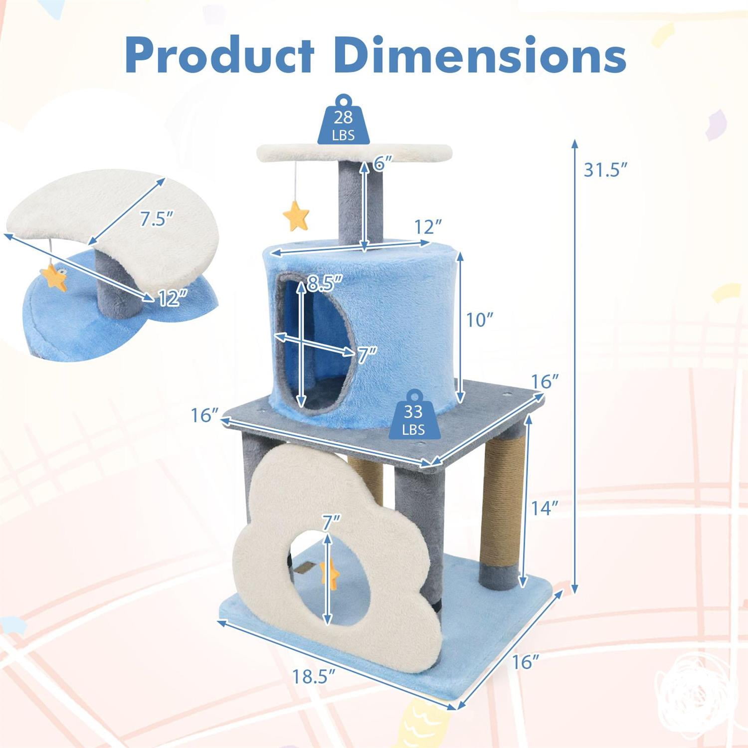 Pefilos 31.5" Cute Modern Cat Tree, Multi-Level Kitten Tower, Moon-shaped Perch & Cloud Cave, Black