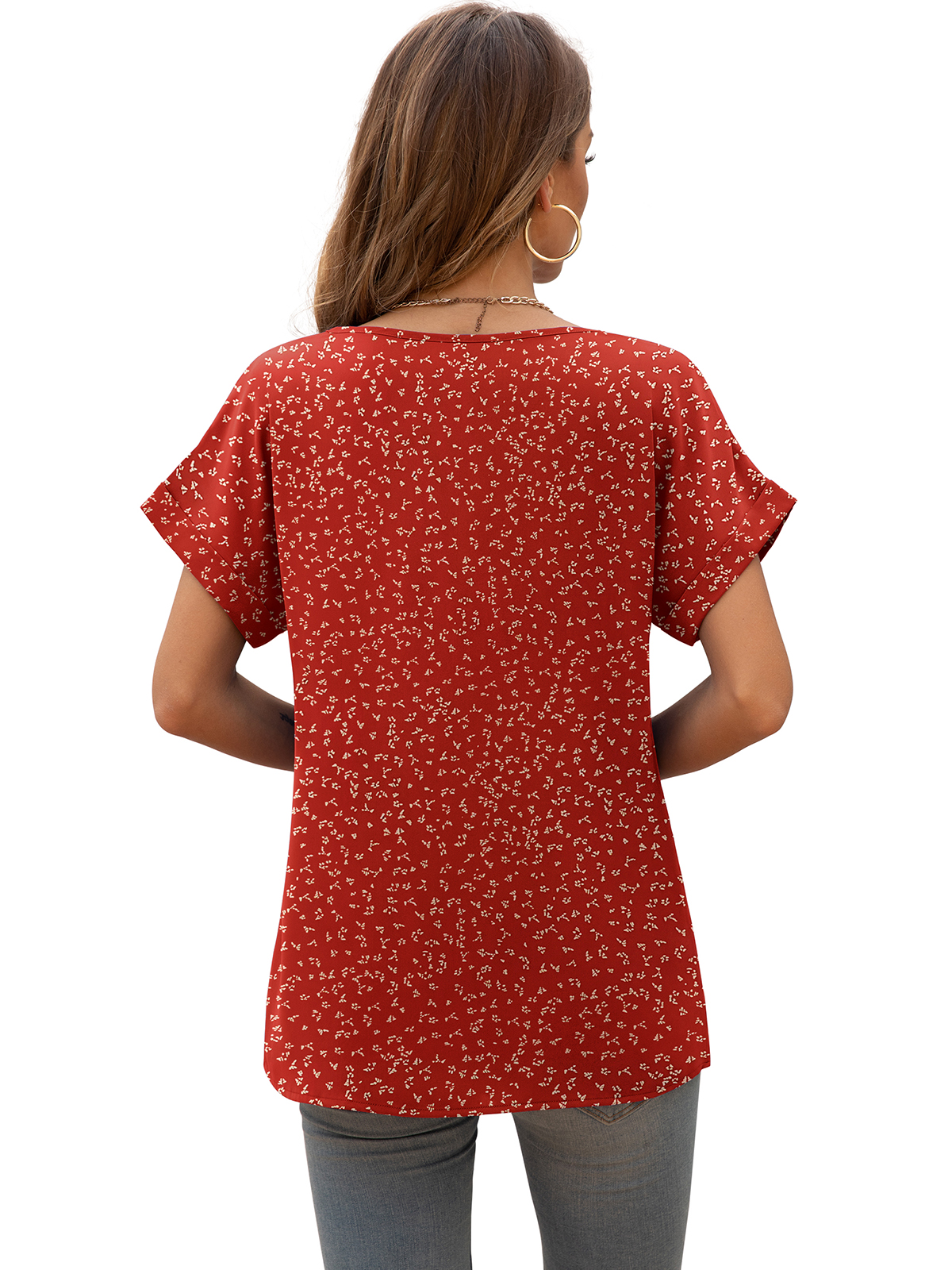 Summer Blouses for Women Elegant Casual V Neck Chiffon Blouses Tops Shirts,Flower Navy Red,S-2XL