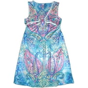 Kiara Ladies Size Small Empire Waist Sublimation Sleeveless Dress, Pink/Blue Paisley
