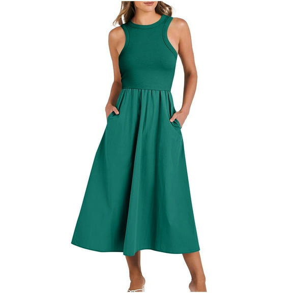 Giftesty Summer Dresses for Women Fashion Sexy Solid Sleeveless Round Neck Pleated Dresses Mid-Calf Dress Long Dress