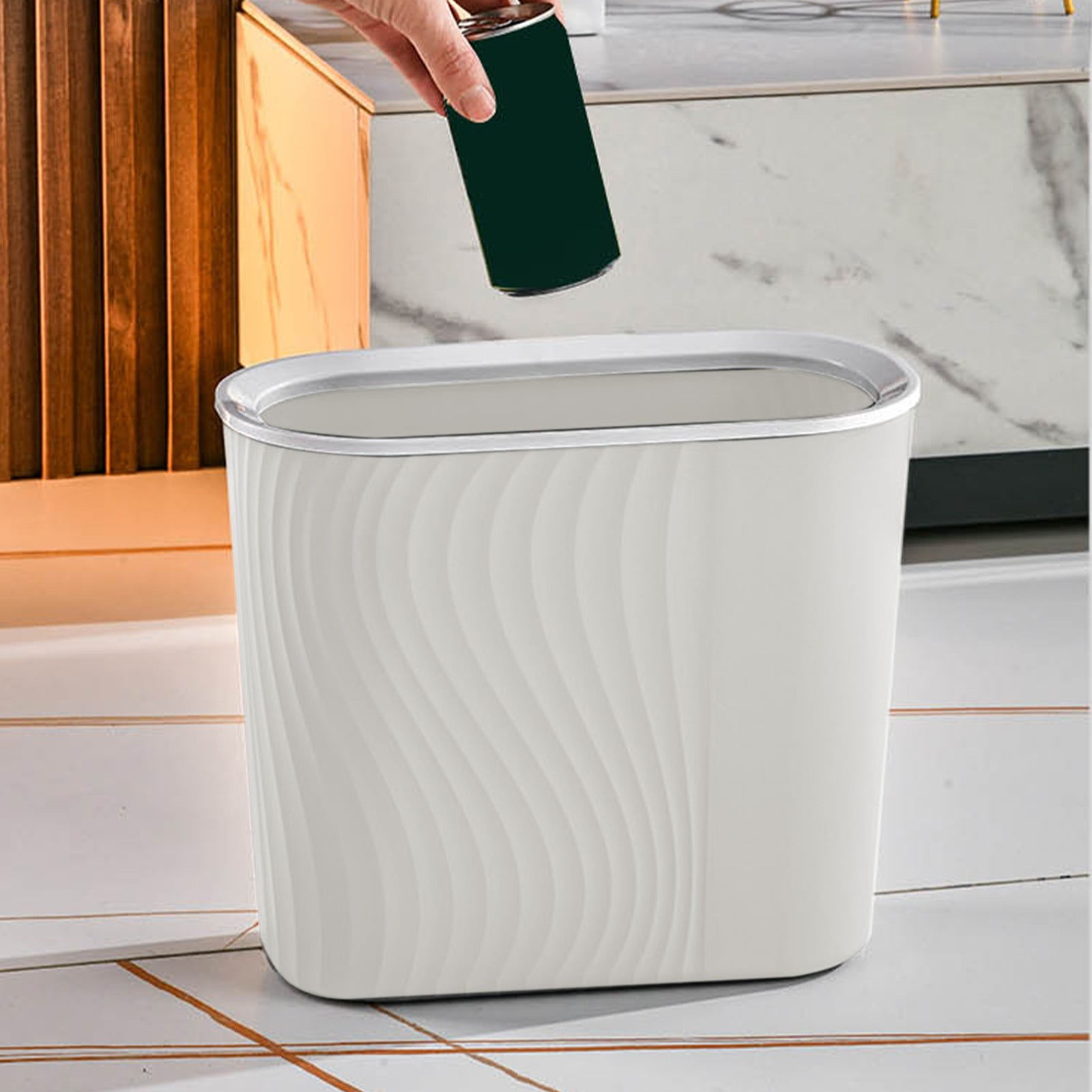 Cagogo Wastebasket, Plastic Trash Can, Striped Seamless Design for Home Kitchen Bathroom, Blue Gray White Small Garbage Bin for Office Garage Dorm