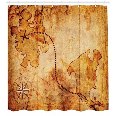 Treasure Hunt Map (Compass Shower Curtain, Bohemian Style Treasure Hunt Map with Small Compass Paint on It Manuscript Atlas Finding, Fabric Bathroom Set with Hooks, Tan, by)