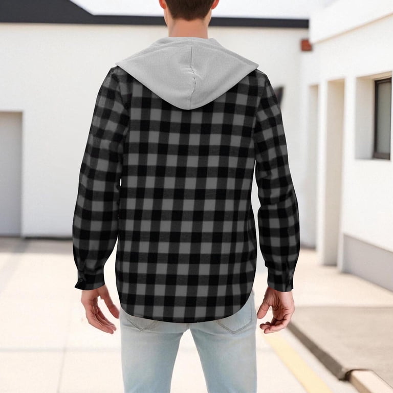 Men's Flannel Shirt With Hood - Regular Fit Long Sleeve Plaid Button-Up Shirt (Black)