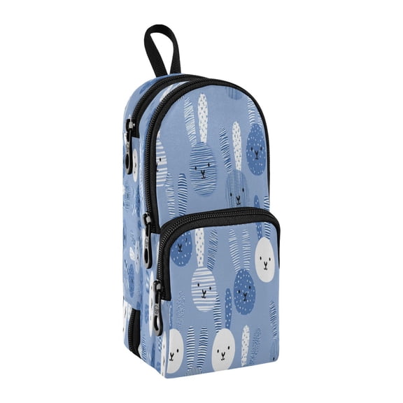 Backpack-Shaped Pencil Pouch 3-Compartment Large Capacity Stationery School Organizer Striped Blue Rabbit