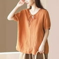 thumbnail image 4 of Busydd Plus Size Womens Tops M-4XL Casual Solid Color Short Sleeve Going Out Tops for Women Trendy Round Neck Spring Summer Tops Comfy Peasant Cotton Linen Shirts, 4 of 4