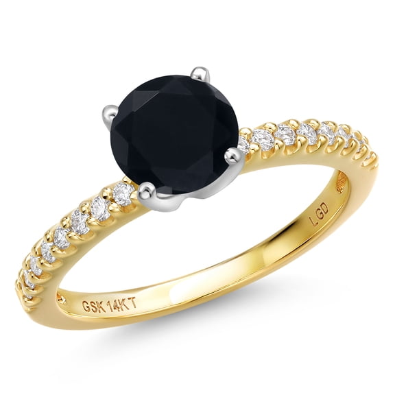 Gem Stone King 14K Two Tone Gold Black Onyx and Lab Grown Diamond Engagement Ring for Women | 1.44 Cttw | Round 7MM | Gemstone December Birthstone | Size 9