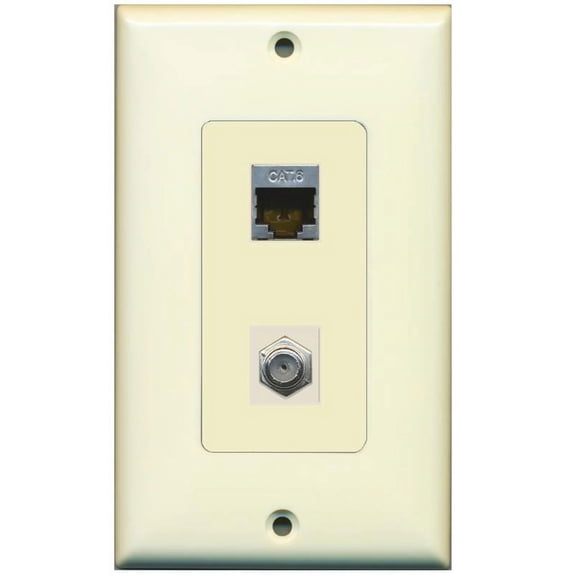 RiteAV Decorative 1 Gang Wall Plate (Light Almond/Light Almond) 2 Port - Cat6 (Shielded) Coax (Light Almond) - Bracket Included