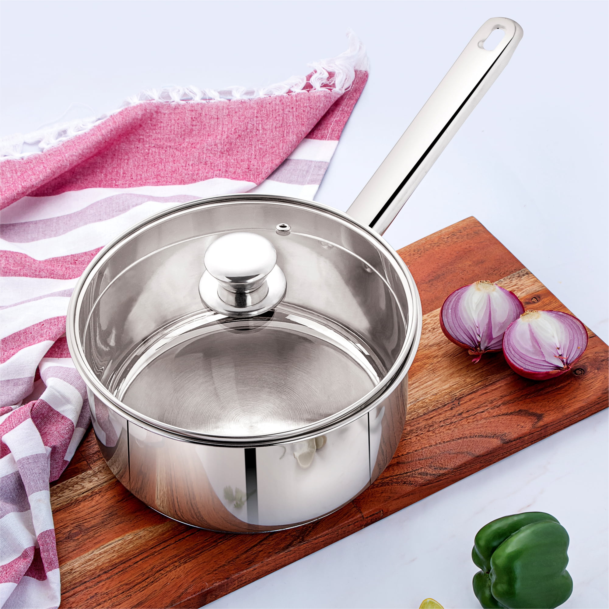 Mainstays 3QT Stainless Steel Saucepan with Straining Lid