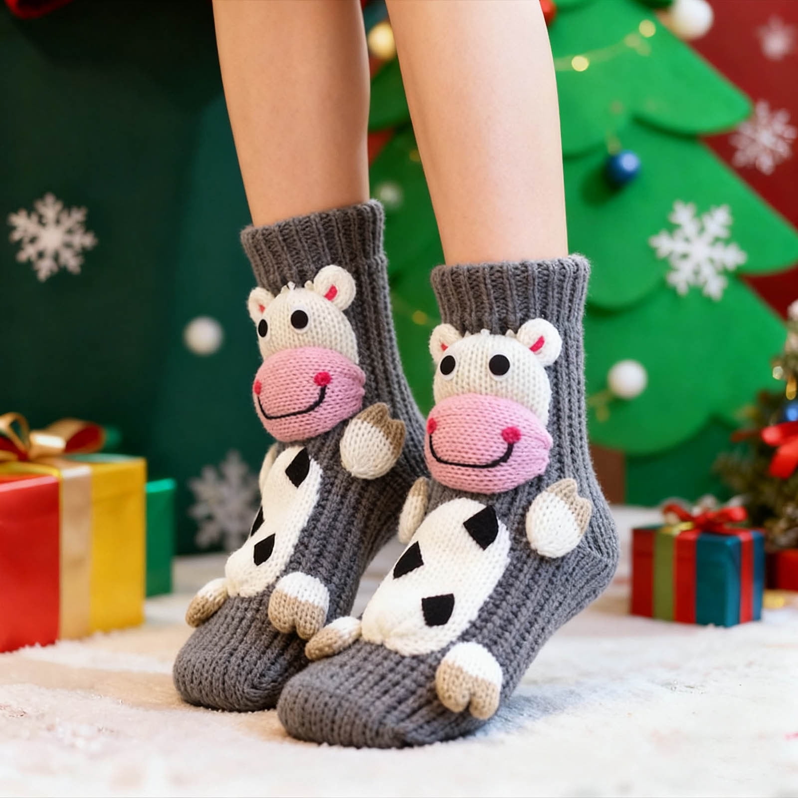 Animal Socks for Women Funny Animal Hug Sock Hand Crocheted Warm Christmas Socks Long Stocking Stuffers Sock (Highland Cow, 4 Pair)