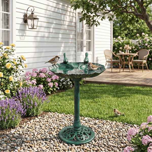 Resin Bird Bath Tub with 2.5W Solar Fountain, Shell Edge Design, Dark Green, 50x36x81cm