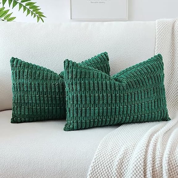 Eryueer Set of 2 Corduroy Soft Striped Cushion Covers 30x50 cm Boho Decorative Throw Pillow Covers Lumbar Cushion Case Couch Home Decor Pillowcases for Sofa Bedroom 12x20 Inch (Green)