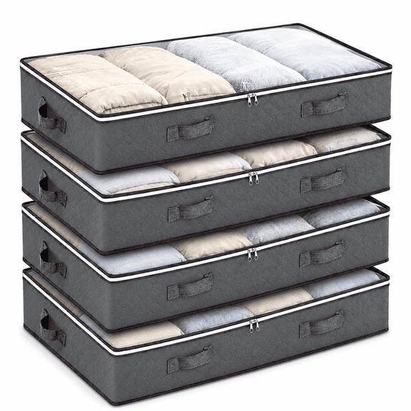 Brotasdro 4 Pack Under Bed Storage Bags, 90L Foldable Storage Containers with Clear Window & Handles for Clothes, Blankets & Bedding, Gray
