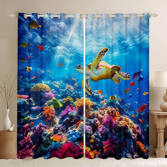 Manfei Sea Turtle Black Out Curtains for Kids Boys and Girls, Colorful Coral Curtains Pack of 2 (42x63 Each)
