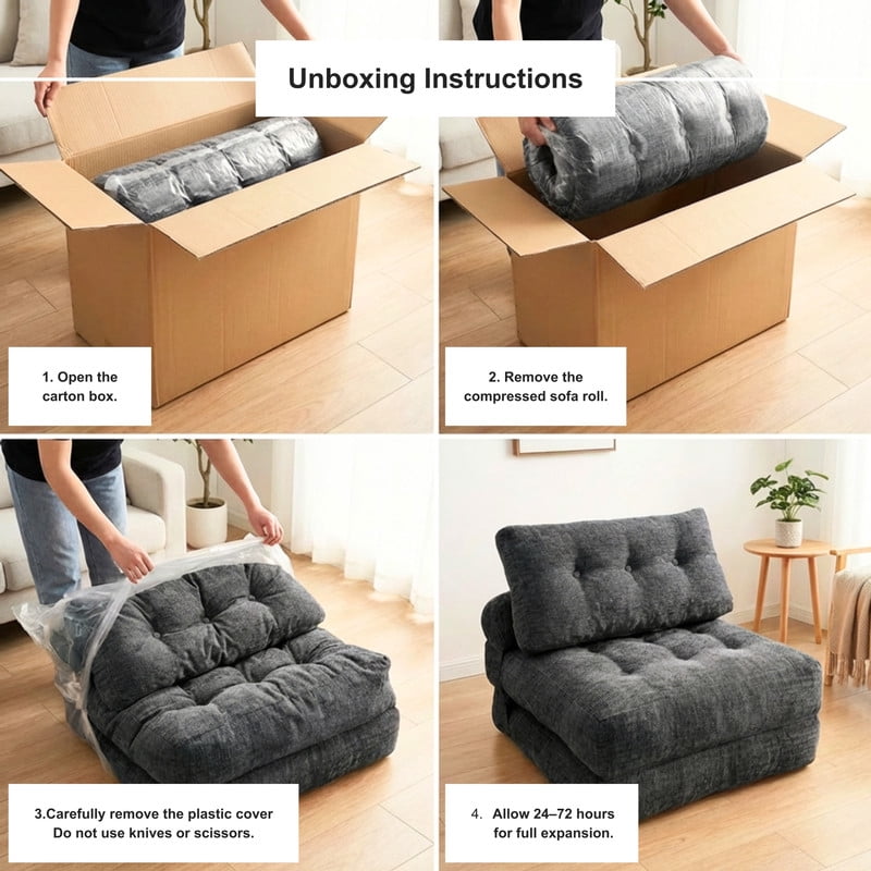 Oak and Birch Boneless Folding Sofa Bed, Convertible Floor Futon Chaise Lounge & Sleeper Bed, Shredded Foam Floor Couch for Living Room, Bedroom, Kids Room, Apartment, Chenille, Charcoal