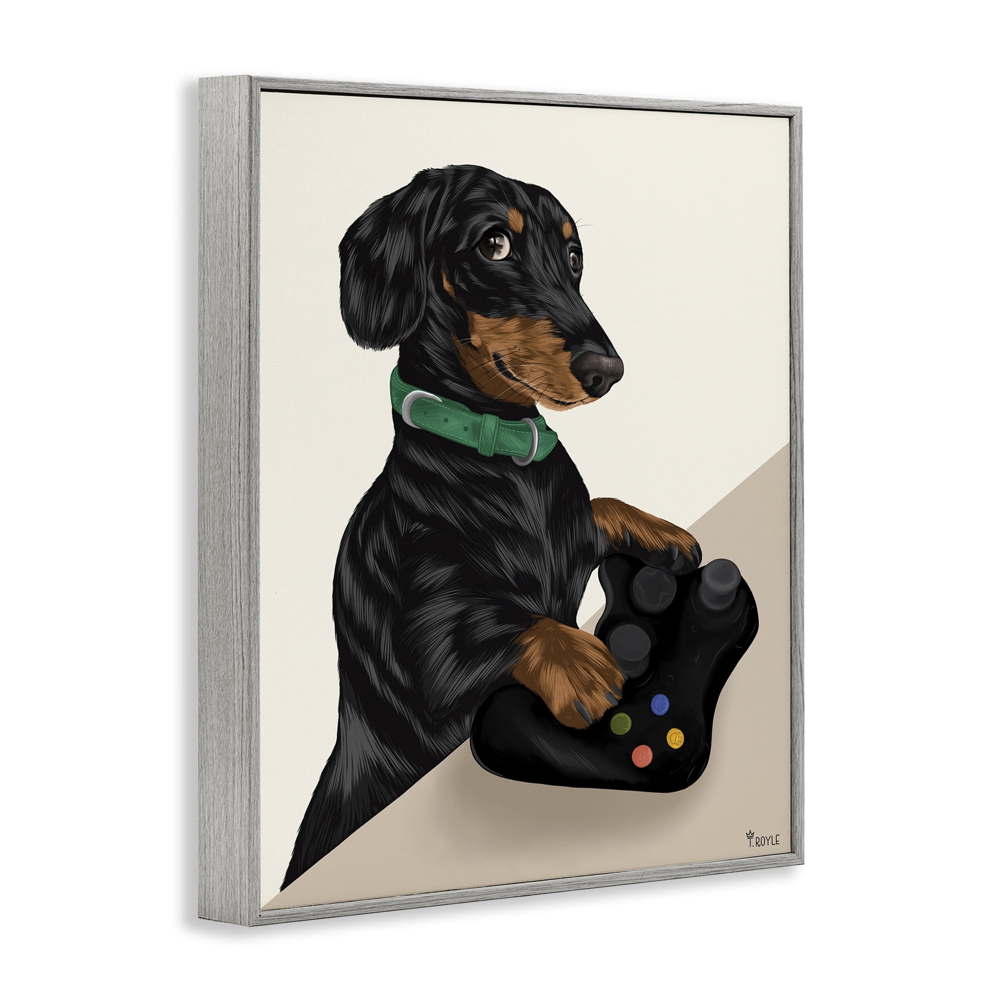 Stupell Industries Gamer Dachshund Dog Animals & Insects Painting Gray Framed Art Print Wall Art, 16 x 20