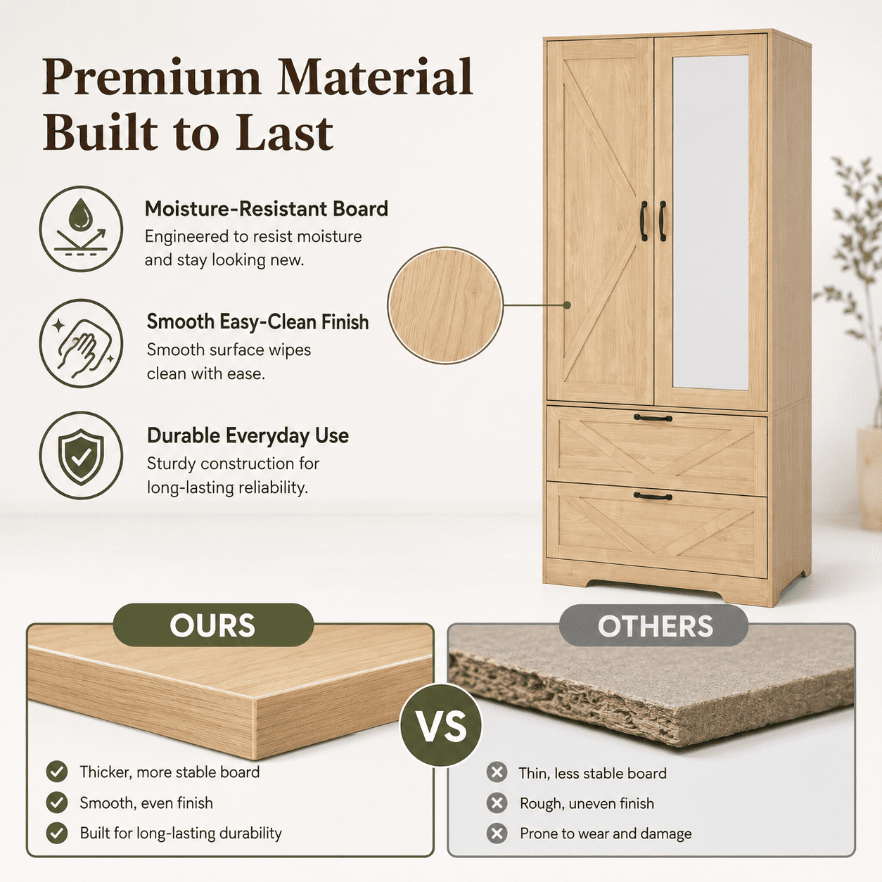 Aukfa 2-Door Wardrobe Armoire with Mirror & Built-In Induction Light, Bedroom Wood Closet with Hanging Rod & 2 Drawers,Natural
