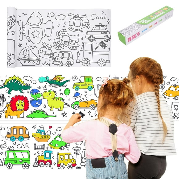 Colorful Kids' Art Roll: Sticky Coloring Paper for DIY Wall Painting, Early Educational Art Supplies Set - Dinosaur & Traffic Theme - 118x12in