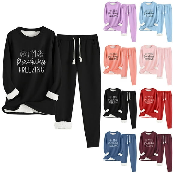 FRSASU Women's Winter Warm Lounge Set 2 Piece Outfits Soft Fleece Lined Long Sleeve Round Neck Tops and Drawstring Pants Set with Pockets Wine