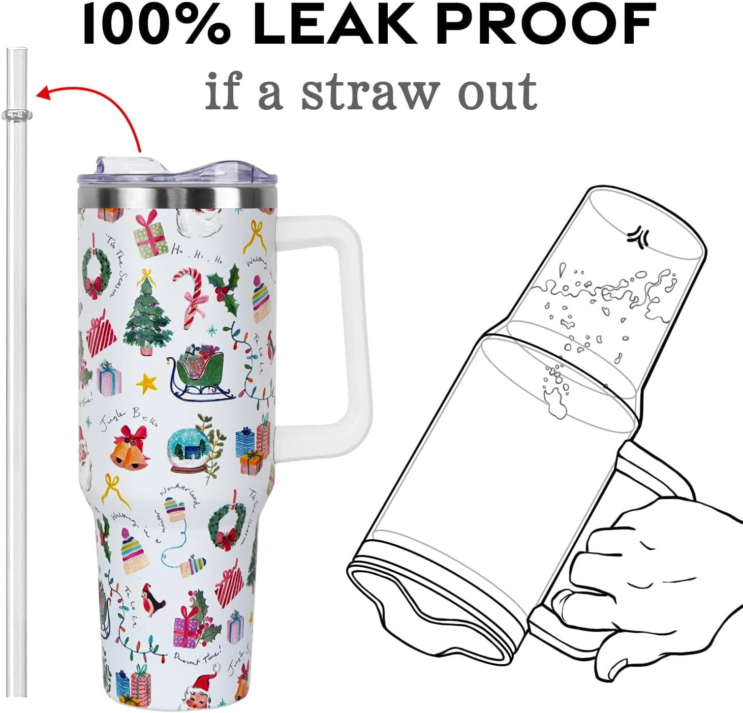 Christmas Gifts 40 oz Tumbler with Handle and Straw Lid,Cute Gifts for Women Snow Globe Xmas Tree Lights Vacuum Insulated Leak Proof Tumbler,Winter Holiday Accessories Stainless Steel Coffee Cup Mug