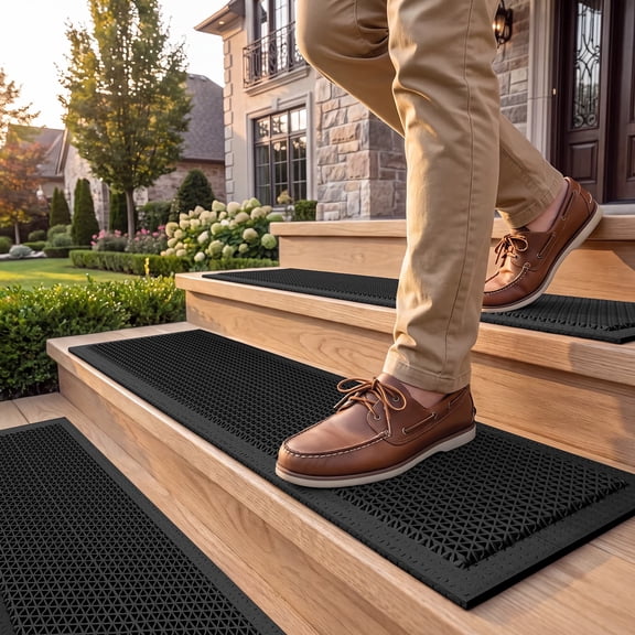 Outdoor Stair Treads Non Slip, Rubber Self Draining Step Mats for Steps, Heavy Duty Waterproof Stair Covers, Black 8"x30" 5 Pack, Blcak
