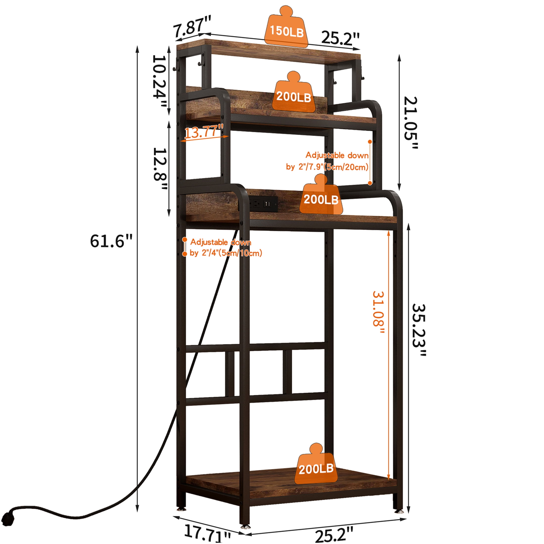 JERFIT 4-Tier Kitchen Storage Cart with Mini Fridge Stand, Microwave Rack & Adjustable Shelves, 200lb Capacity, Walnut Brown