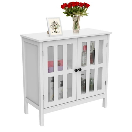 White Sideboards Furniture Yaheetech Console Storage Cabinet with Glass Door, Wooden Sideboard Buffet Storage Kitchen Entryway Furniture White ()